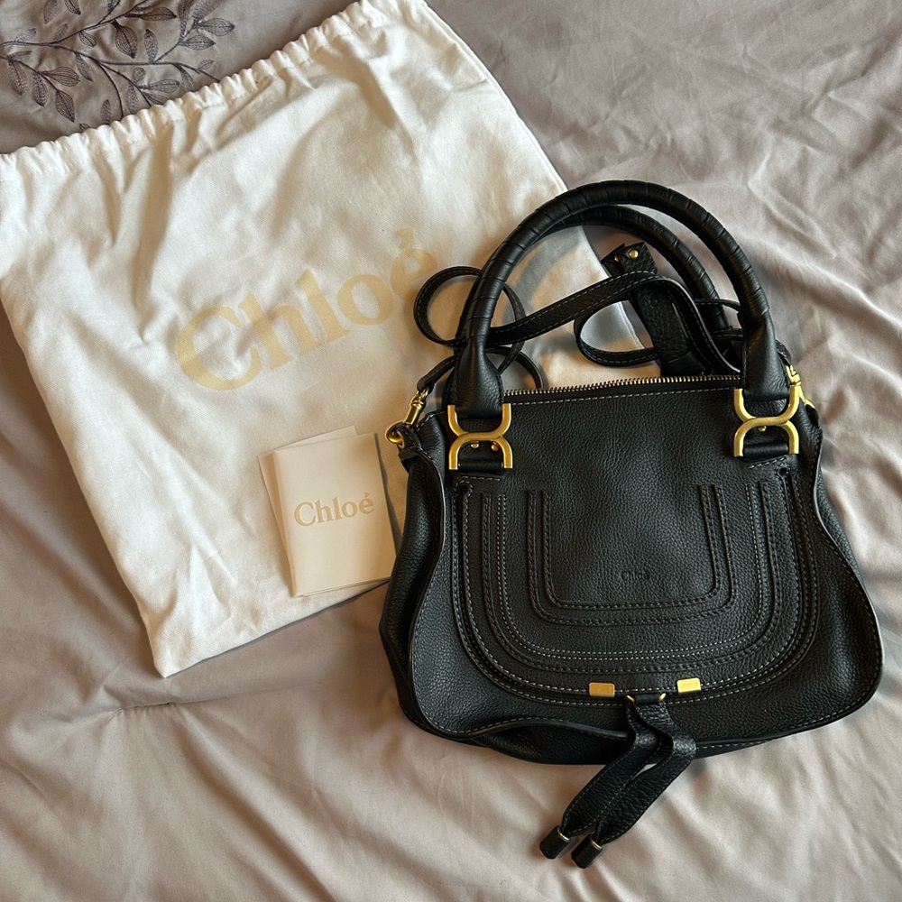Chloe Small Marcie Leather Satchel Black Crossbody Bag with Gold Accents - Picture 14 of 16